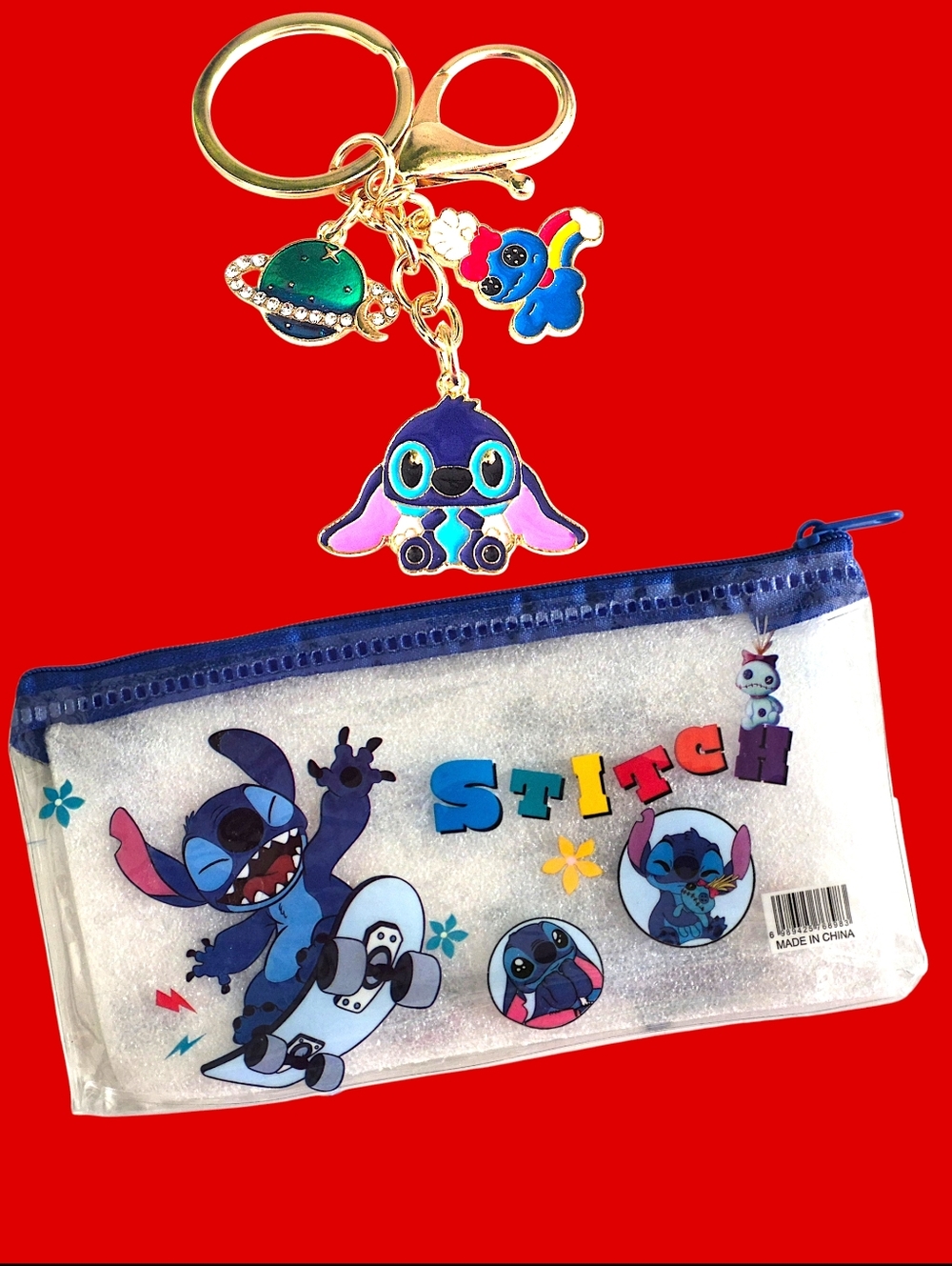 Disney Stitch Clear Royal Blue Zip Pouch with Gold-tone Character Keychain